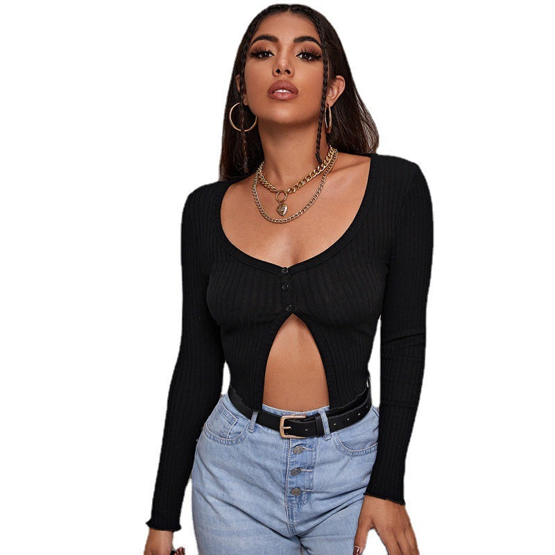 Long Sleeved Crop Cardigan Top Sexy Button Knit T-shirt