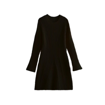 Fashion Solid Ribbed Knitted Dress Fall And Winter Slim-fit Stand-up Collar A-line Dresses Women's Clothing