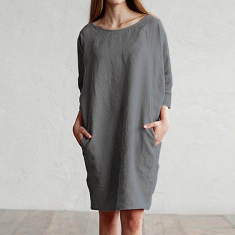 Cotton and linen stitching round neck pocket dress