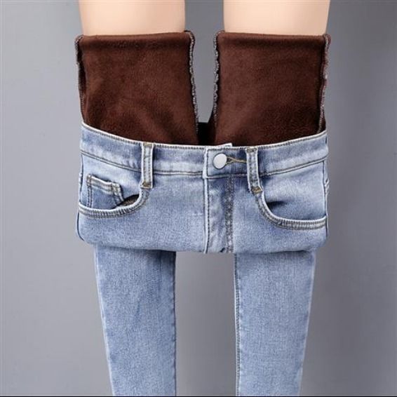 High-waisted trousers plus fleece jeans winter stretch skinny