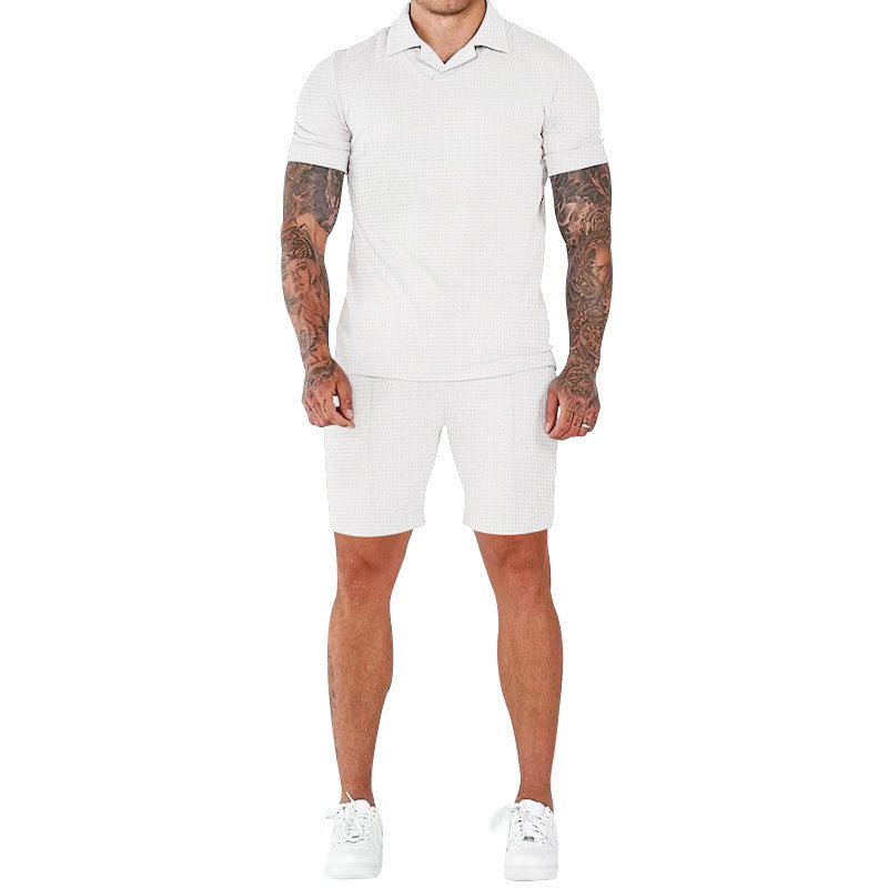 Men's Fashion Waffle V-neck Polo Short Sleeve Shorts Suit