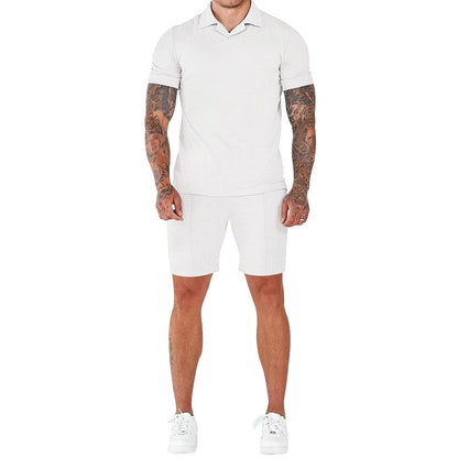 Men's Fashion Waffle V-neck Polo Short Sleeve Shorts Suit