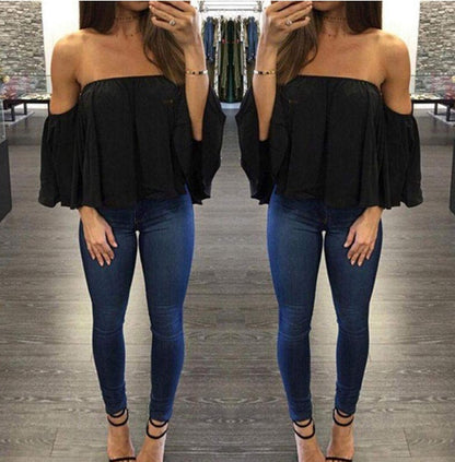 Wrapped chest collar long sleeve chiffon sexy top strapless loose T-shirt