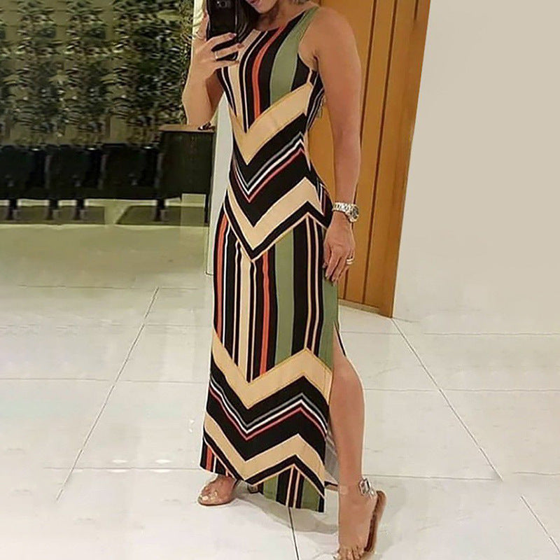 Colorful Striped Print Side Slit Maxi Dress Women Colorblock Sleeveless Slim Long Dresses