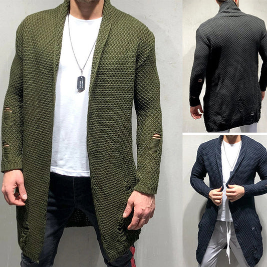 Autumn And Winter New Foreign Trade Cardigan Sleeve Holes Men's Wear Medium Length Cardigan Sweater Knitwear