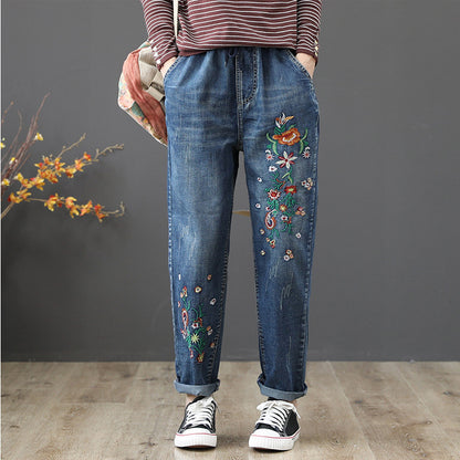 Embroidered Elastic Waist Wide Loose Jeans