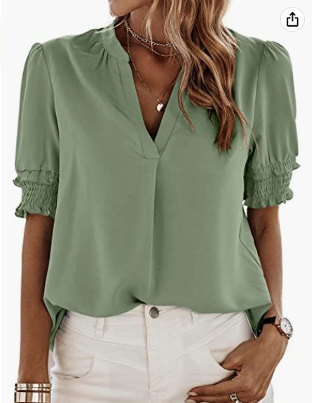 Women's V-neck Casual Short-sleeved Solid Color Chiffon Shirt