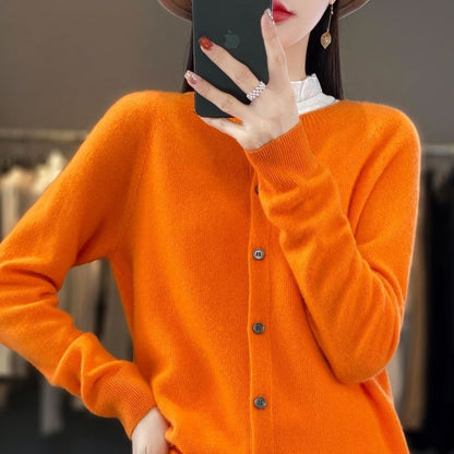 Fashion Merino Wool Cardigan Sweater Women O-Neck Long-sleeve Cashmere Knitwear Spring Autumn Female Clothing Tops