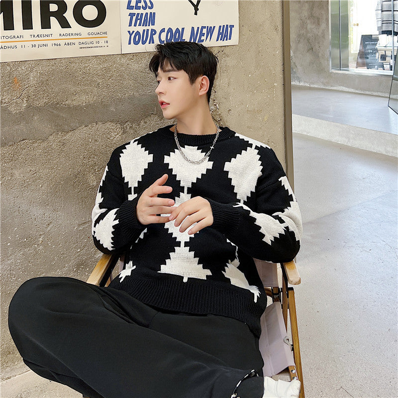 Ins Black And White Contrast Rhomboid Round Neck Knit