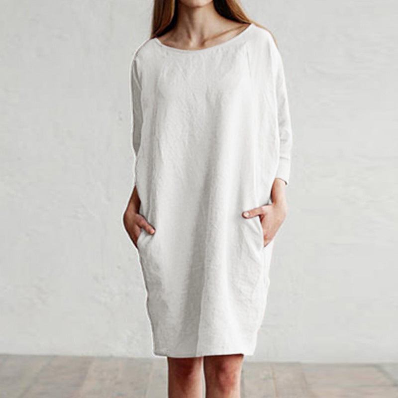 Cotton and linen stitching round neck pocket dress