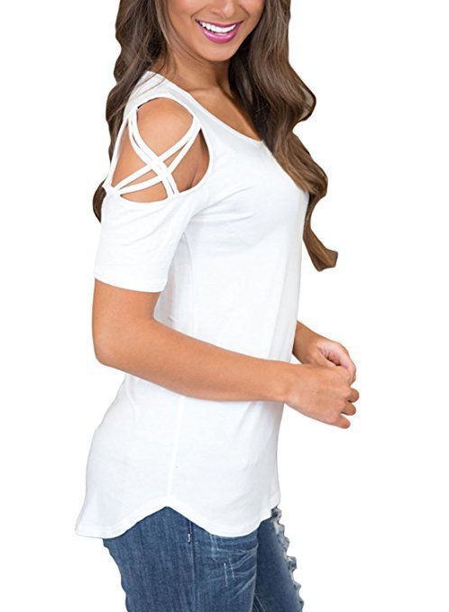 Color cotton casual worn hole shoulder tie T-shirt woman