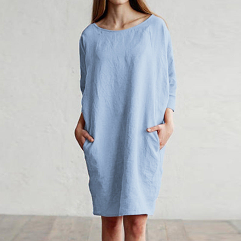 Cotton and linen stitching round neck pocket dress