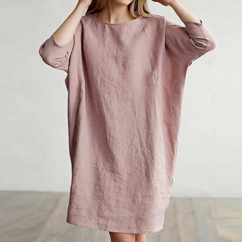 Cotton and linen stitching round neck pocket dress