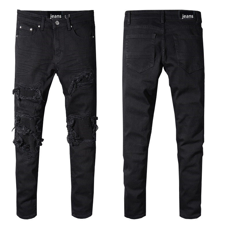 Foreign Trade Men's Black Patch Jeans Simple