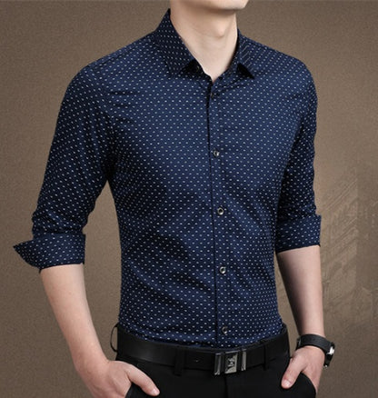 Brand Fashion Male Shirt Long-Sleeves Tops Polka Dot Printing Mens Dress Shirts Slim Men Shirt Plus Size M-5XL FGT