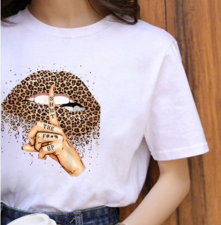 Leopard Print Love Lip Print Fashion Western Style Summer Ladies Print Short-sleeved T-shirt Top