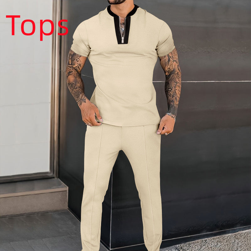 Men's Fashion Waffle Short Sleeve Stitching Stand Collar Suit