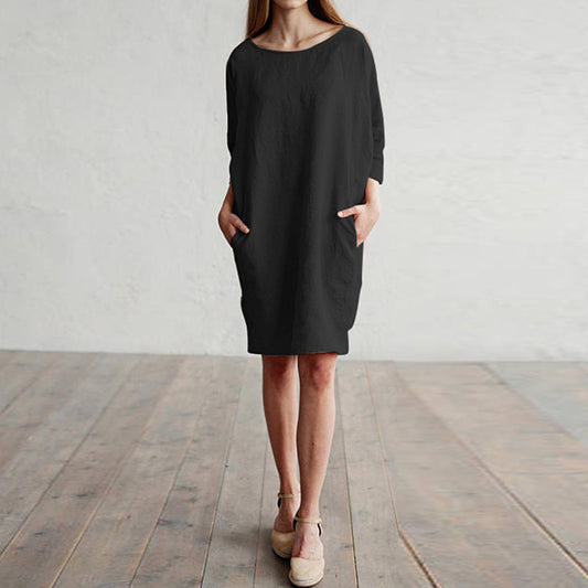 Cotton and linen stitching round neck pocket dress