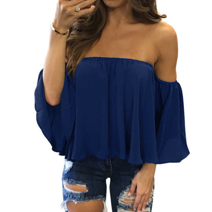 Wrapped chest collar long sleeve chiffon sexy top strapless loose T-shirt