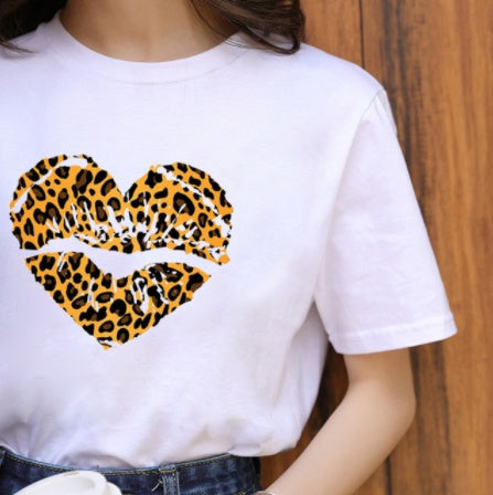 Leopard Print Love Lip Print Fashion Western Style Summer Ladies Print Short-sleeved T-shirt Top