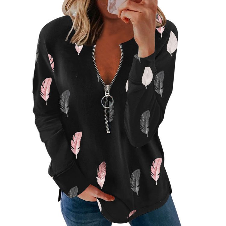 Women's V-neck Zipper Feather Print Long Sleeve Loose T-shirt