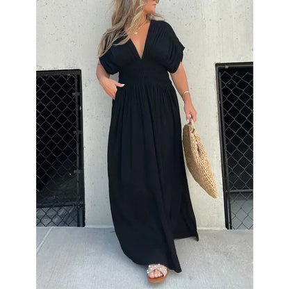 Fashion Bat-sleeved V-neck Slit Dress Summer Short Sleeve Elastic Waist Long Dresses Womens Clothing