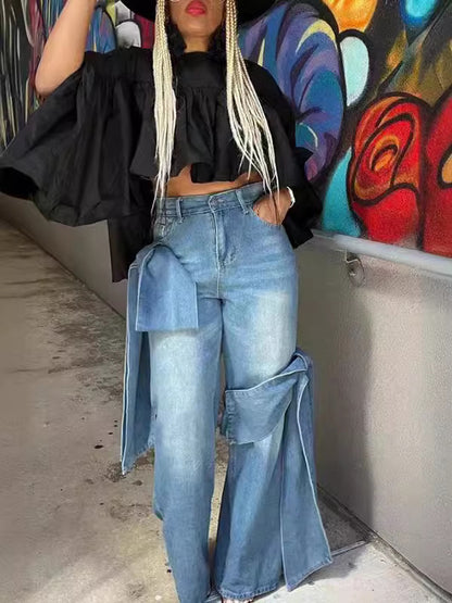 Women's Washed Distressed Stitching Bow Wide Leg Jeans