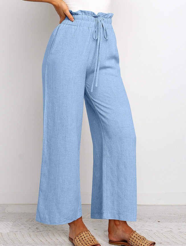 Elastic Waistband Lace-up Wide Leg Pants Solid Color Cropped Pants