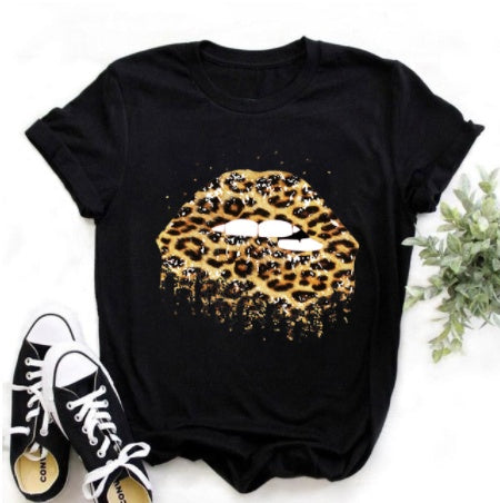 Leopard Print Love Lip Print Fashion Western Style Summer Ladies Print Short-sleeved T-shirt Top