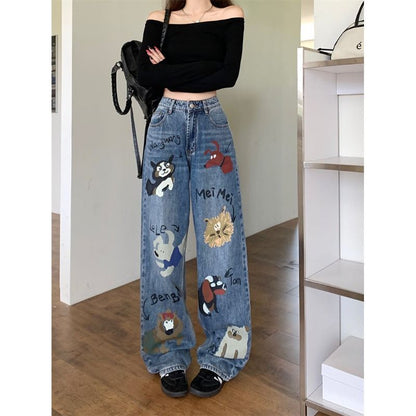 Female American retro high street graffiti jeans