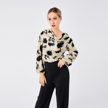 Elegant Ladies Print Front Drop Collar Blouse