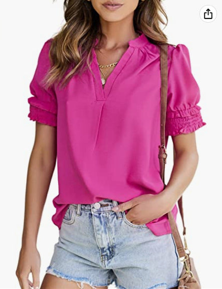 Women's V-neck Casual Short-sleeved Solid Color Chiffon Shirt