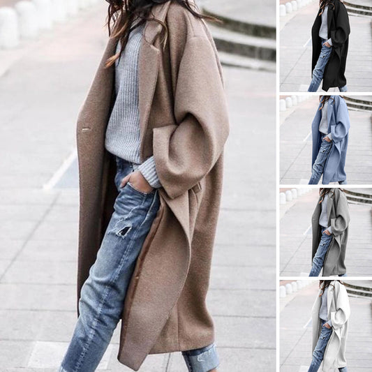 Casual Long Jacket With Pockets Solid Color Single Breasted Lapel Woolen Coat For Women Warm Winter Clothing