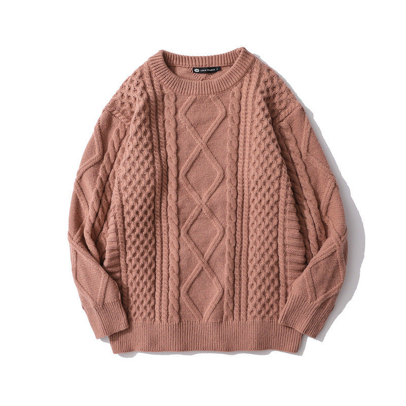 Japanese-style Retro Rhombus Twist Round Neck Sweater Loose And Idle All-matching Sweater