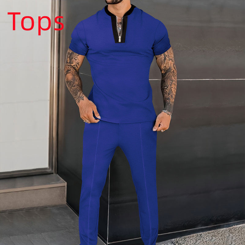 Men's Fashion Waffle Short Sleeve Stitching Stand Collar Suit