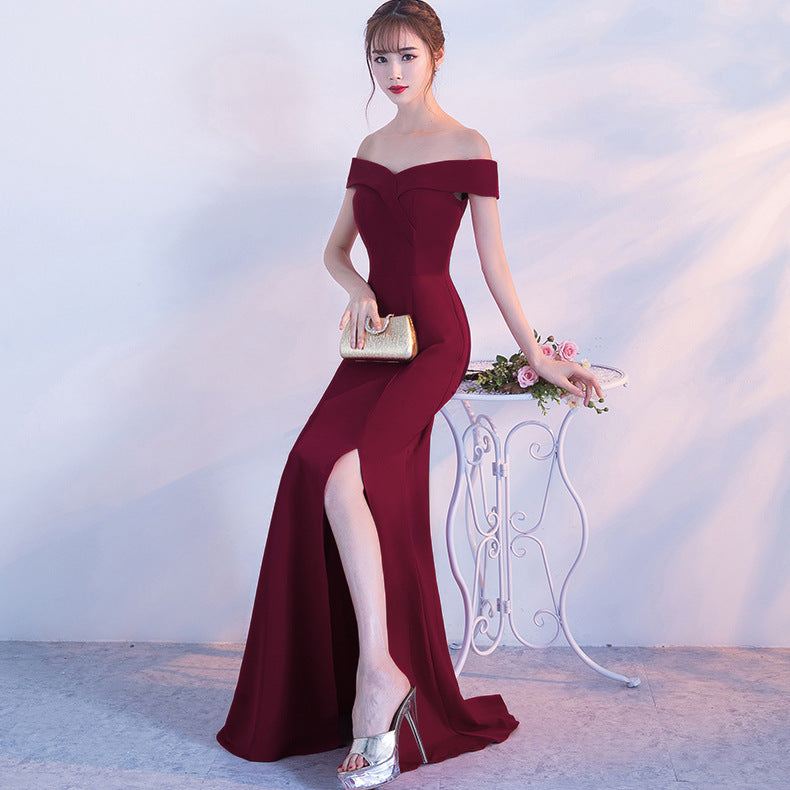 Banquet evening dress word-shoulder fishtail dress