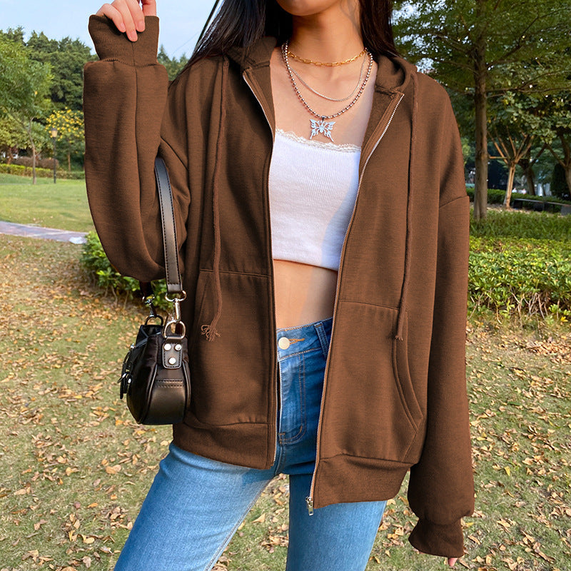 Brown Y2K Aesthetic Hoodies Women Zip Up Sweatshirt Hooded