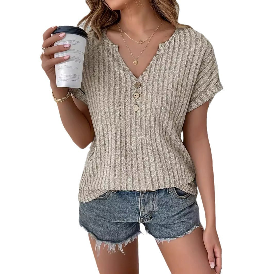 Casual Elegant Cashmere Sunken Stripe Short Sleeve T-shirt Blouse Top