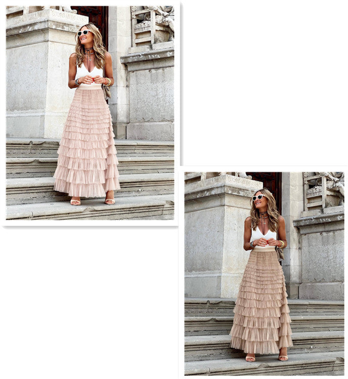 Layered Ruffles Cake Skirt Summer Fashion A Line Swing Mesh Long Skirt Party Dress Women