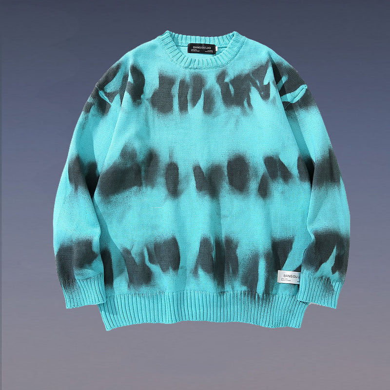 High Street Tie Dye Striped Knit Pullover Sweater Men's Hip Hop