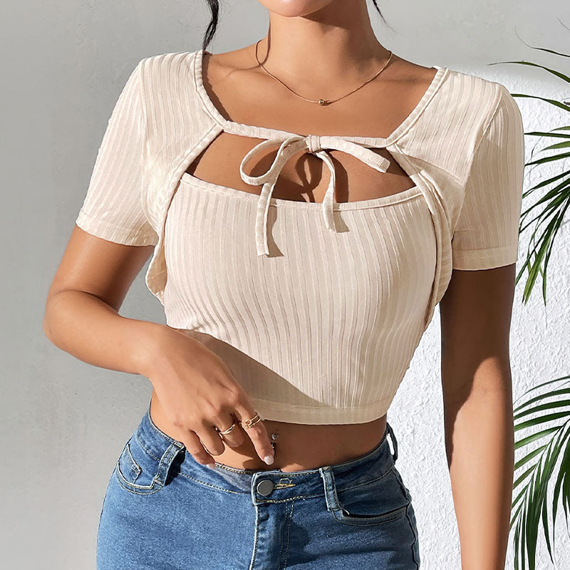 Women's Sunken Stripe Rib Lace-up Square Collar Top