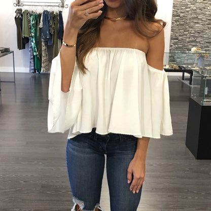 Wrapped chest collar long sleeve chiffon sexy top strapless loose T-shirt