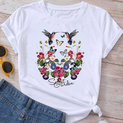 Flower Plant Bottoming Shirt Half Sleeve Simple Cartoon