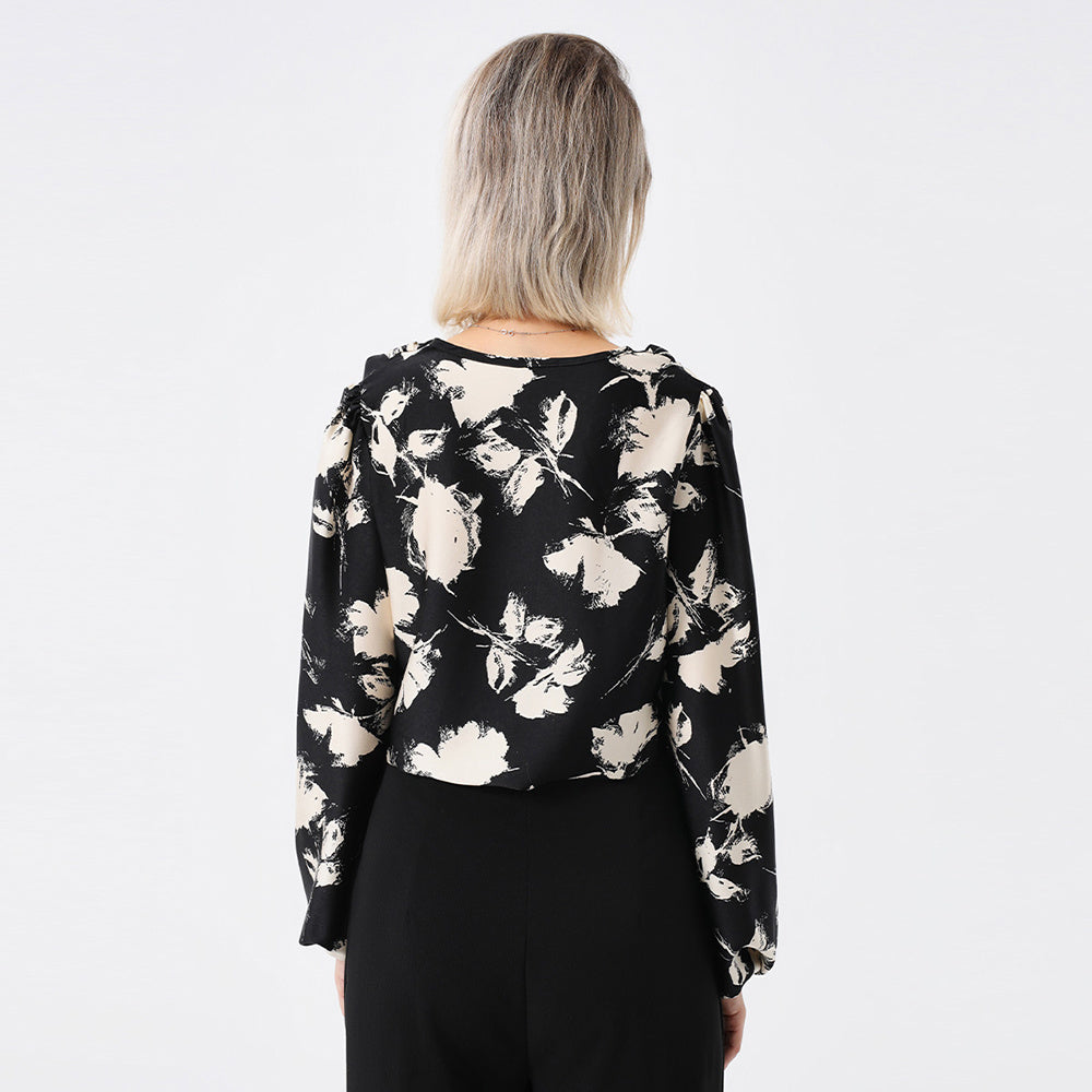 Elegant Ladies Print Front Drop Collar Blouse