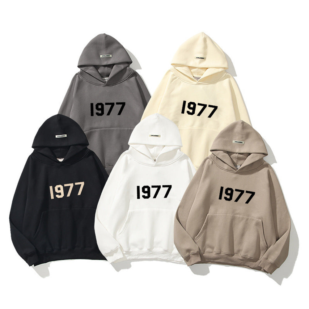 Fashion Brand Sweater High Street Loose Fleece-lined 1977 Words Sweater Men's And Women's Hoodies