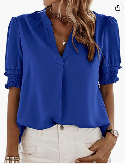 Women's V-neck Casual Short-sleeved Solid Color Chiffon Shirt