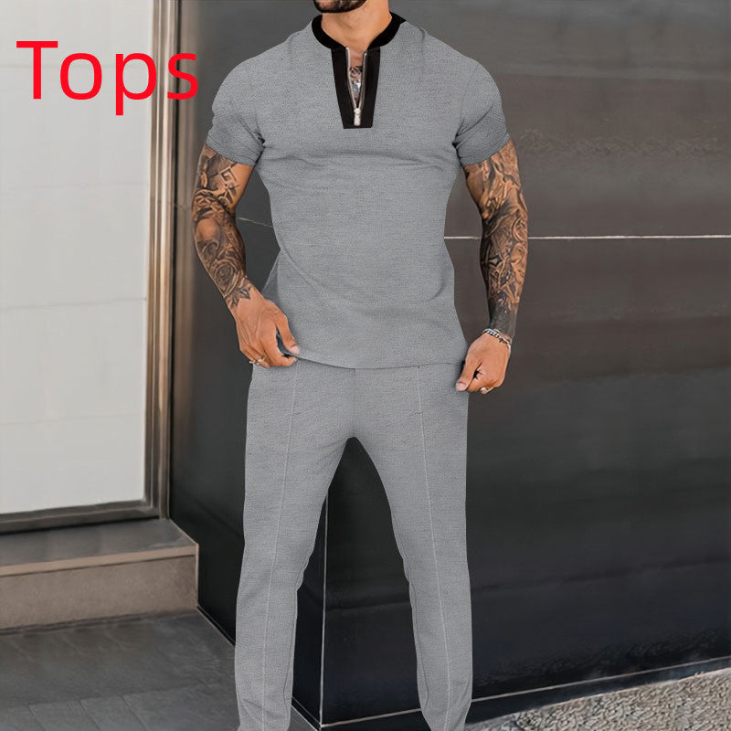 Men's Fashion Waffle Short Sleeve Stitching Stand Collar Suit