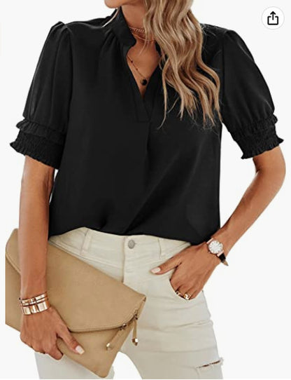 Women's V-neck Casual Short-sleeved Solid Color Chiffon Shirt