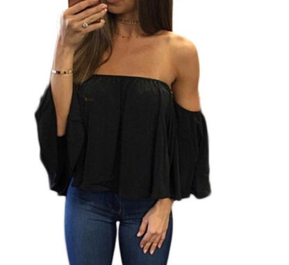 Wrapped chest collar long sleeve chiffon sexy top strapless loose T-shirt