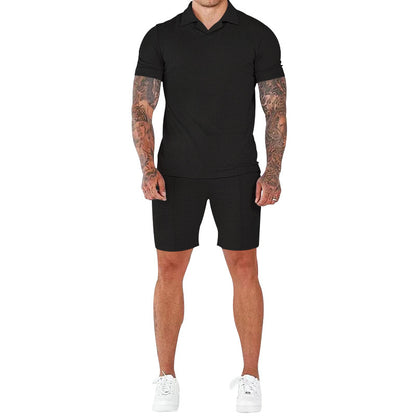 Men's Fashion Waffle V-neck Polo Short Sleeve Shorts Suit